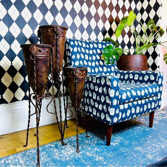 Vintage Other - Primitive-Modern Sculptural Floor Vessels Totemic Metal Forms on Forged Stands